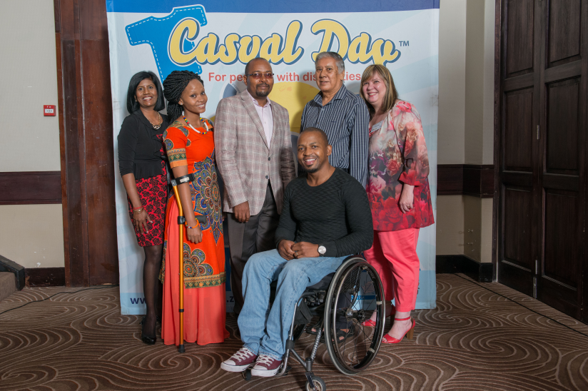 Top L to R: Provincial director of KZN APD Cheryl Naidoo, Casual Day ambassador Bongi Mdluli, Casual Day chairman Lusani Netshitomboni, provincial chairman of the National Council for Persons with Physical Disabilities in SA (NCPPDSA) PB Singh and Casual Day project leader Vanessa du Plessis. Front: Special guest Sipha Gumbi, a member of the National Wheelchair Basketball team. 