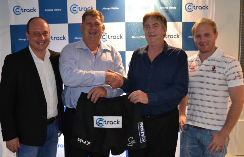 Pierre Bruwer, MD of Ctrack SA, Nick Vlok, CEO of DigiCore, Rudolf Straeuli, CEO of the Lions Rugby Company, and Ross Cronjé, Lions scrum-half.