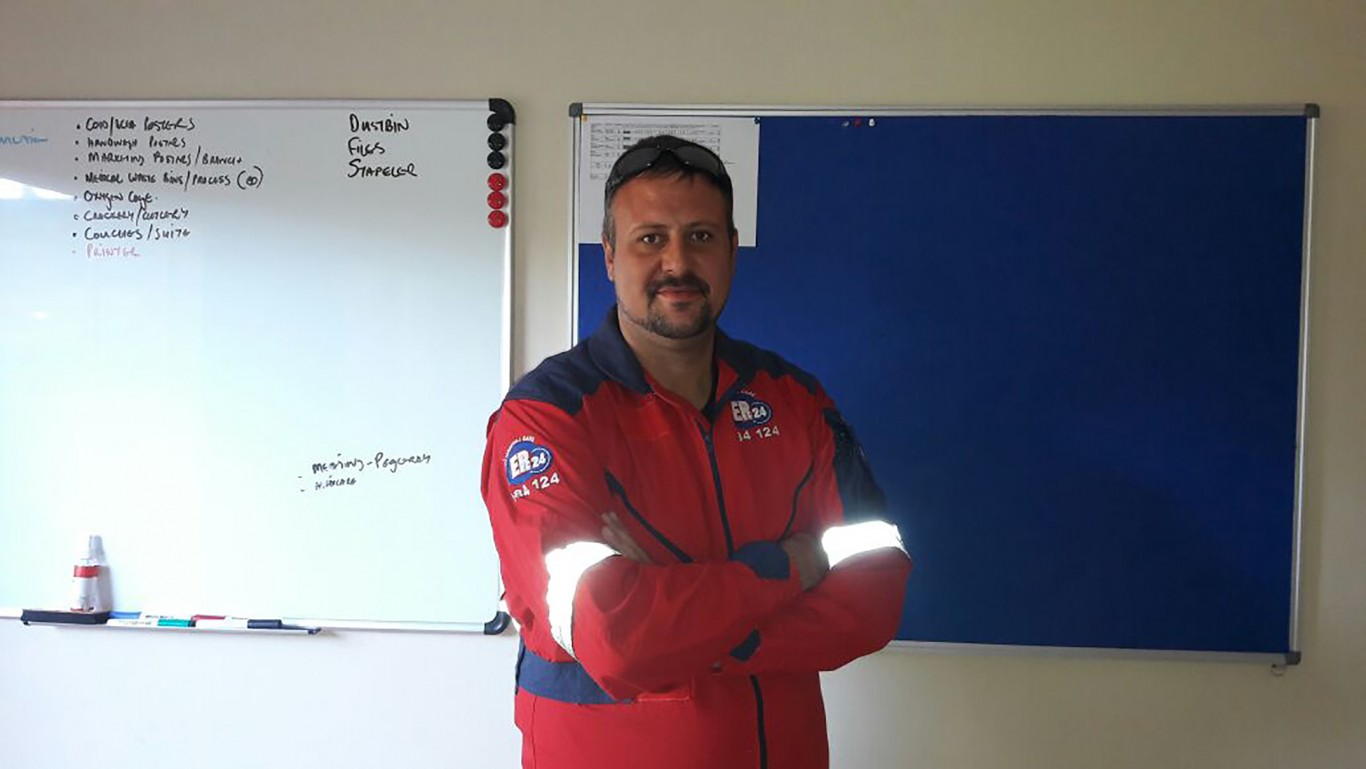 Lourens Smit, an Advanced Life Support paramedic, is part of the ER24 Rustenburg team. 