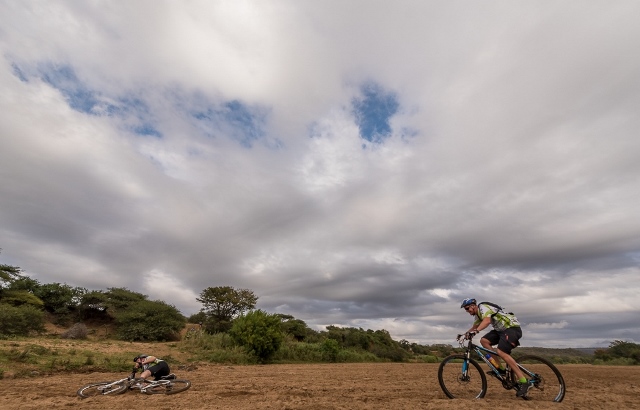 Rider takes a fall along the challenging 55km route over the weekend at the Old Mutual Wild Series iMfolozi Challenge.